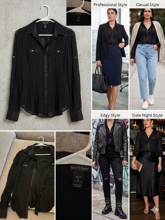 White House Black Market Tops - White House Black Market 100% Silk Sheer Pleated Blouse - Size 8 - Black